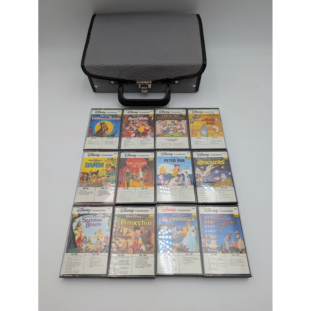 Walt Disney Cassette Tape Lot Red 12 Piece Story Songs Gray Carrying Case